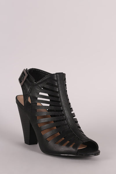 Buckled Caged Cutout Peep Toe Chunky Heel