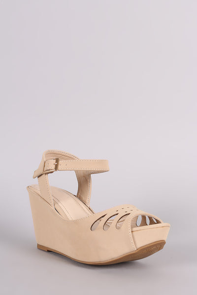 Perforated Nubuck Ankle Strap Platform Wedge