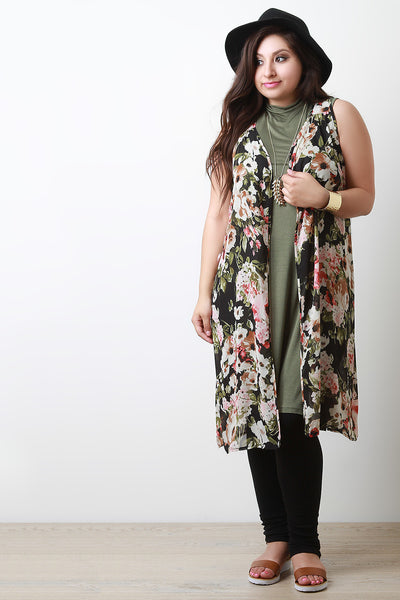 Floral Open Front Chiffon Vest