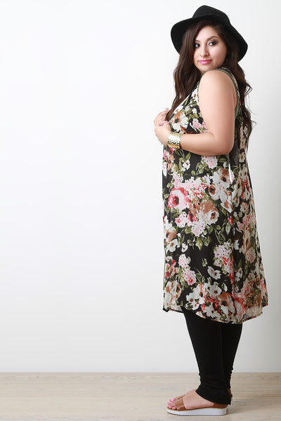 Floral Open Front Chiffon Vest