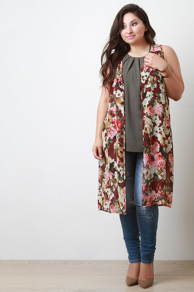 Floral Open Front Chiffon Vest