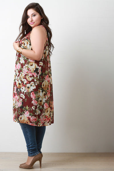 Floral Open Front Chiffon Vest