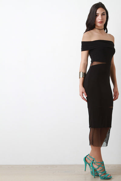 Off The Shoulder Mesh Cut Out Bodycon Midi Dress