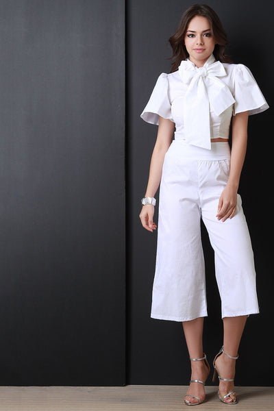 Cropped Bow Collar Flare Sleeve Top