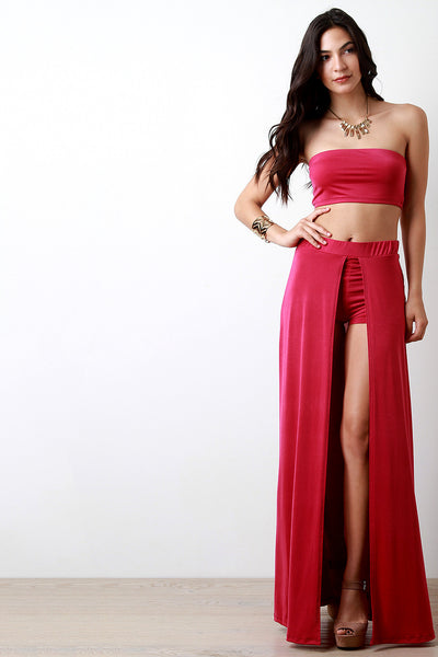 Solid Open Front Inside Shorts Maxi Skirt