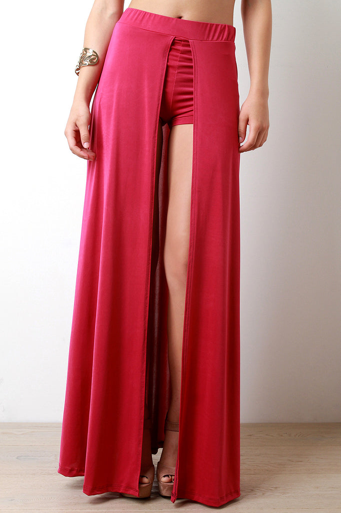 Solid Open Front Inside Shorts Maxi Skirt - Fuchsia / S Solid Open Front Inside Shorts Maxi Skirt - Fuchsia / S