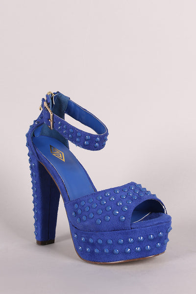 Suede Studded Spike Peep Toe Ankle Strap Chunky Platform Heel