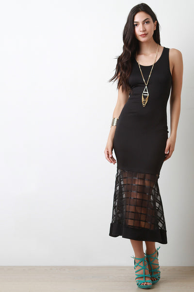 Grid Mesh Peplum Maxi Dress