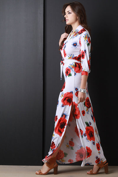 Floral Print Surplice Side Slit Maxi Dress