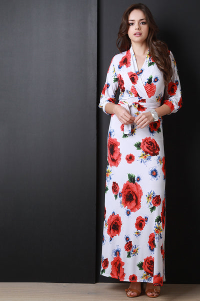 Floral Print Surplice Side Slit Maxi Dress