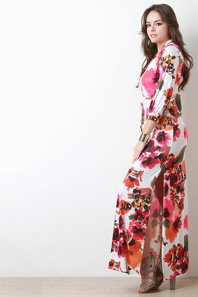 Floral Print Surplice Side Slit Maxi Dress