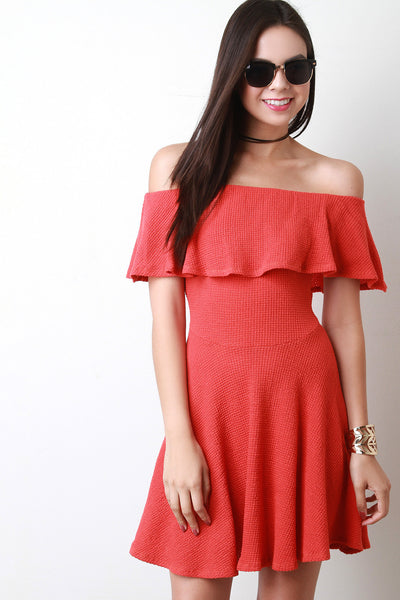 Ruffle Off The Shoulder Themal Knit Mini Dress