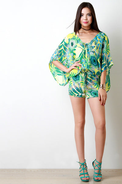 Tropical Leaves Chiffon Kimono Sleeves Romper