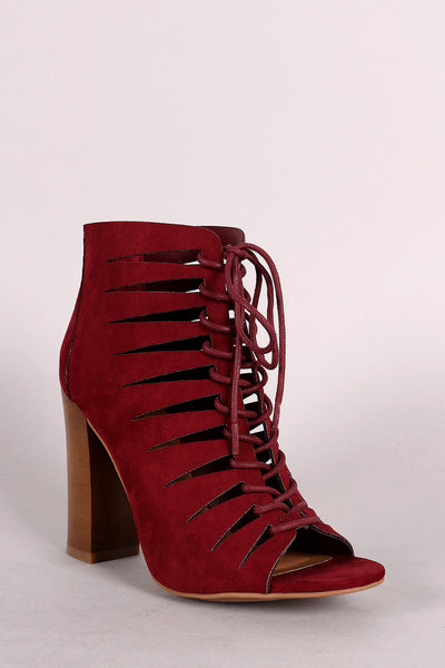 Bamboo Suede Peep Toe Lace-Up Cutout Booties