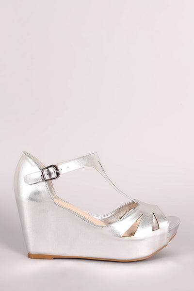 Bamboo Metallic Cutout Peep Toe Platform Wedge