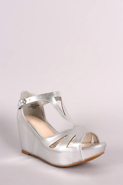 Bamboo Metallic Cutout Peep Toe Platform Wedge