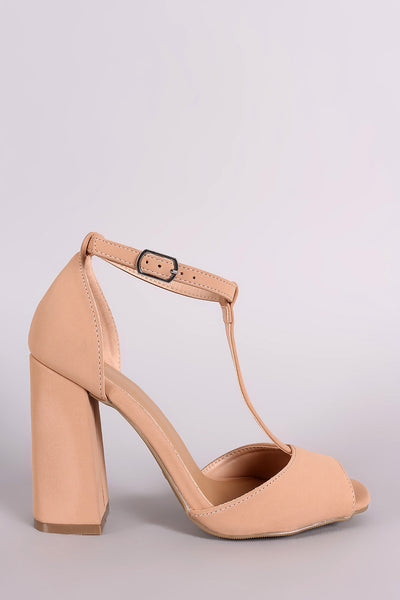 Bamboo Nubuck Peep Toe T-Strap Chunky Heel