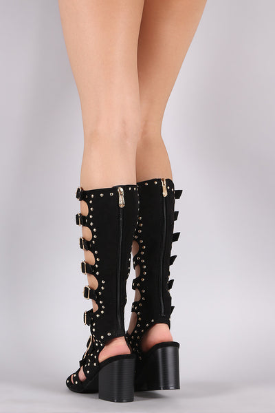 Suede Studded Ladder-Up Buckle Strap Gladiator Heel