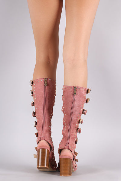 Suede Studded Ladder-Up Buckle Strap Gladiator Heel