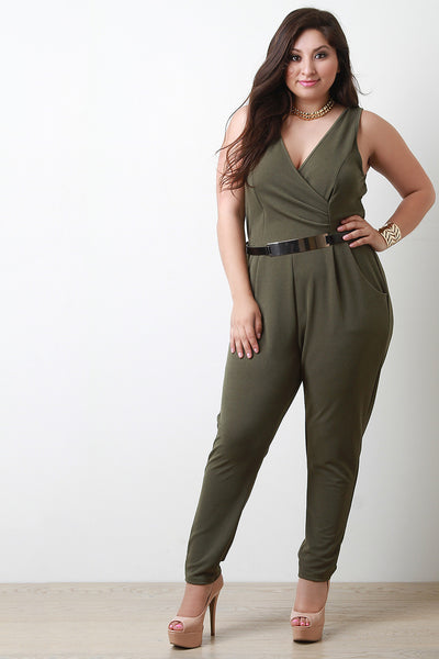 V-Neck Surplice Top Belted Jumpsuit