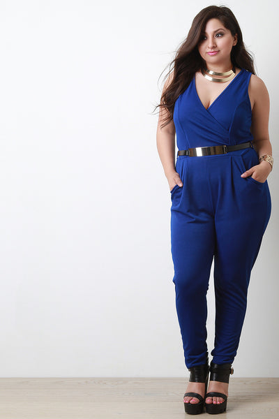 V-Neck Surplice Top Belted Jumpsuit