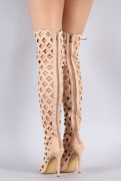 Suede Geo Cutout Over-The-Knee Stiletto Boots