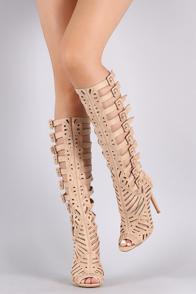 Suede Buckled Strappy Cutout Stiletto Heel