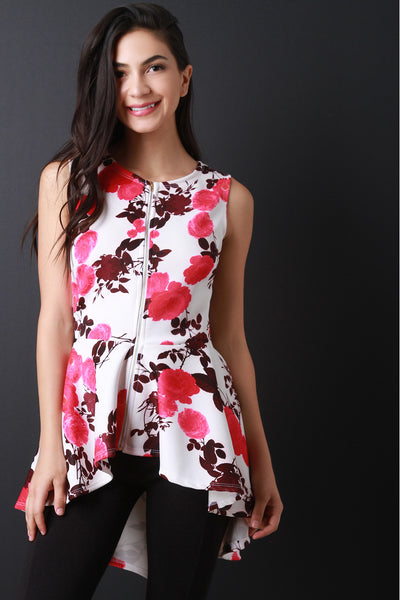 Zip Front Peplum High Low Hem Top