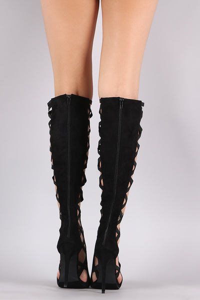 Suede Crisscross Elastic Peep Toe Stiletto Boots