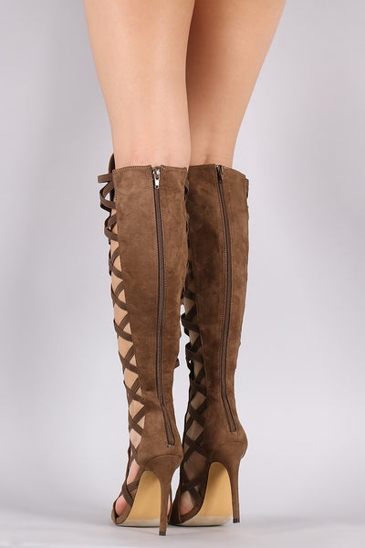 Suede Crisscross Elastic Peep Toe Stiletto Boots