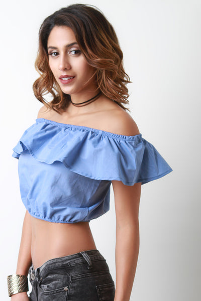 Off The Shoulder Ruffle Trim Crop Top