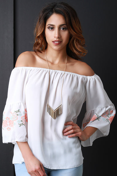 Off The Shoulder Embroider Print Blouse