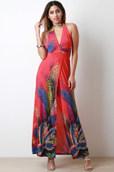 Fireworks Print Halter Sleeveless Slit Maxi Dress