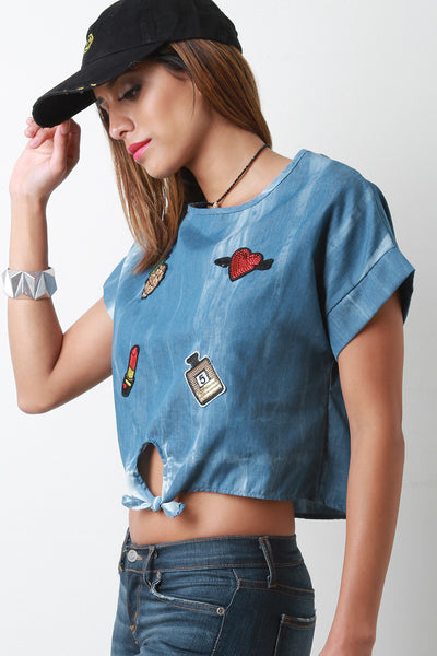 Acid Wash Chambray Patches Front-Tie Short Sleeve Crop Top