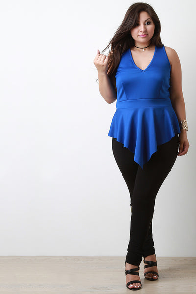 V Neck Sleeveless Angle Hem Peplum Top