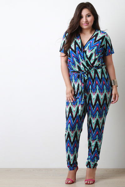 Chevron Surplice Short Sleeve Jumpsuit