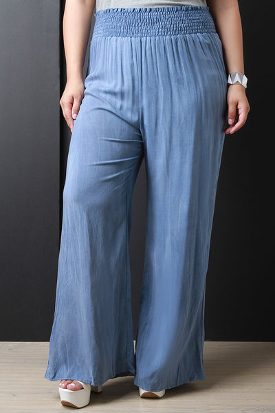 Shirred Elastic Waist Wide Leg Pants