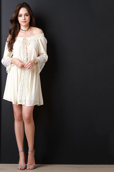 Off The Shoulder Crochet Trim Mini Dress