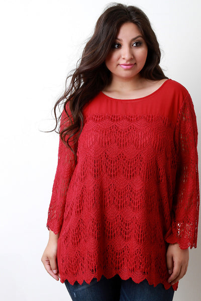 Contrast Semi-Sheer Crochet Lace Long Sleeve Top