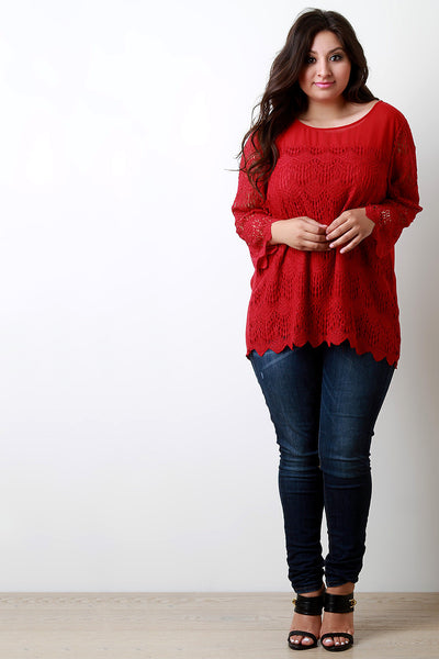 Contrast Semi-Sheer Crochet Lace Long Sleeve Top