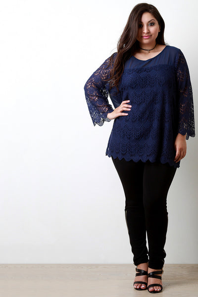 Contrast Semi-Sheer Crochet Lace Long Sleeve Top