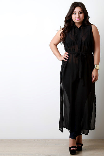 Semi-Sheer Sleeveless Button Up Maxi Top