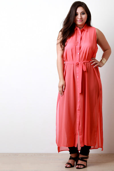 Semi-Sheer Sleeveless Button Up Maxi Top