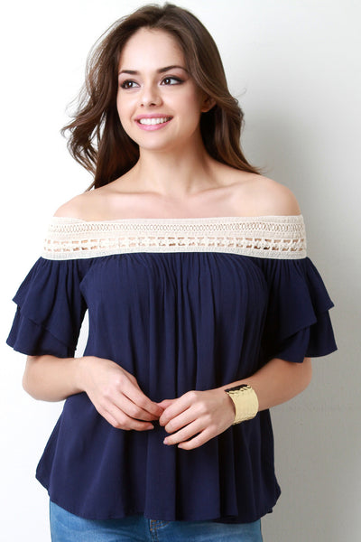 Off The Shoulder Crochet Trim Top