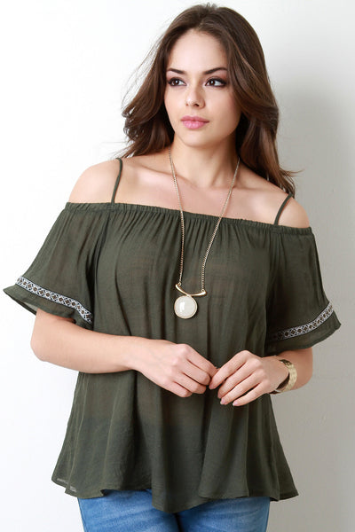 Cold Shoulder Embroidered Sleeve Woven Top