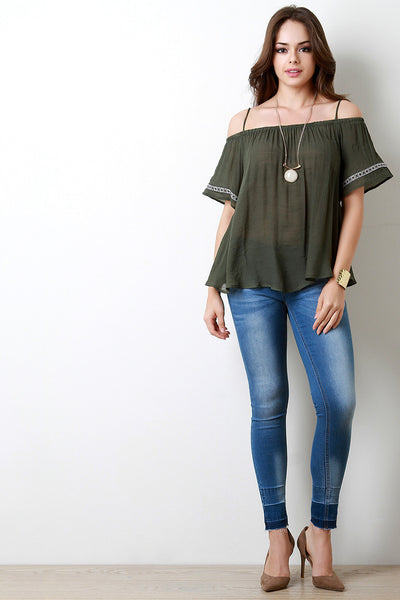 Cold Shoulder Embroidered Sleeve Woven Top