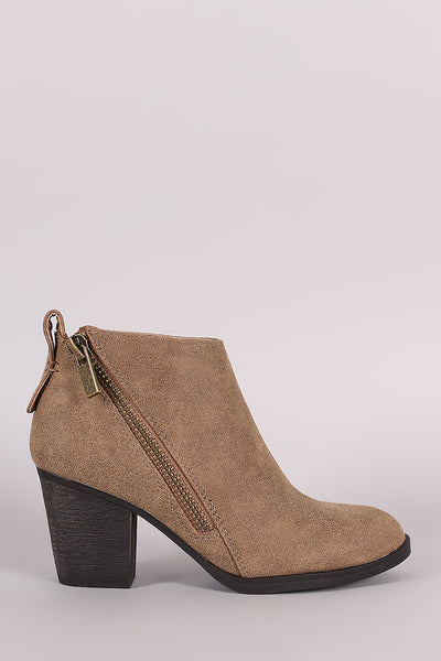 Bamboo Nubuck Diagonal Zipper Chunky Heeled Cowgirl Booties