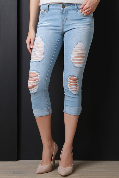 Distress Cuff Capri Denim Jeans