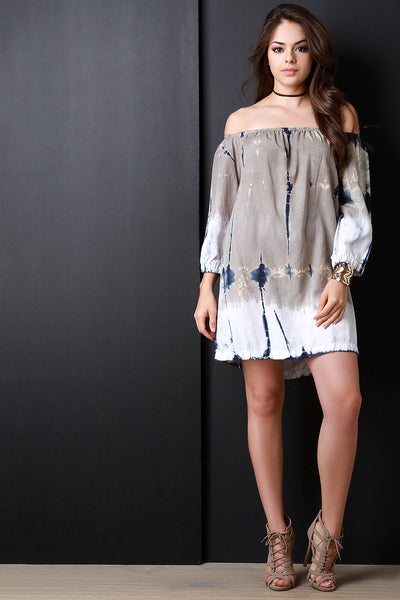 Chambray Contrast Tie Dye Off The Shoulder Dress