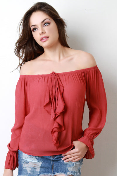 Off The Shoulder Self-Tie Ruffle Top